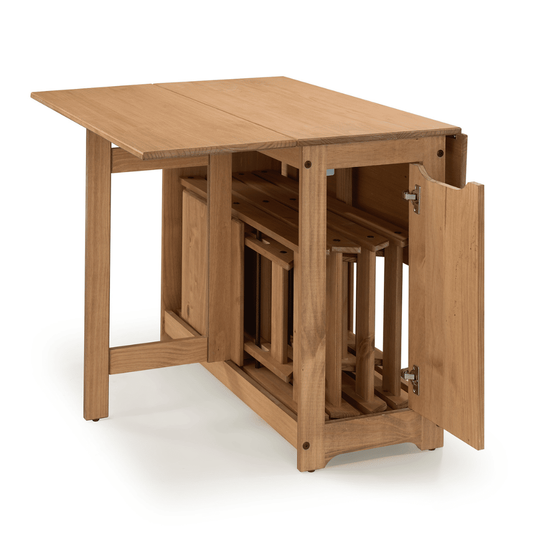 Mesa Dobrável Borboleta com 4 Cadeiras em Madeira Maciça de Pinus Cera