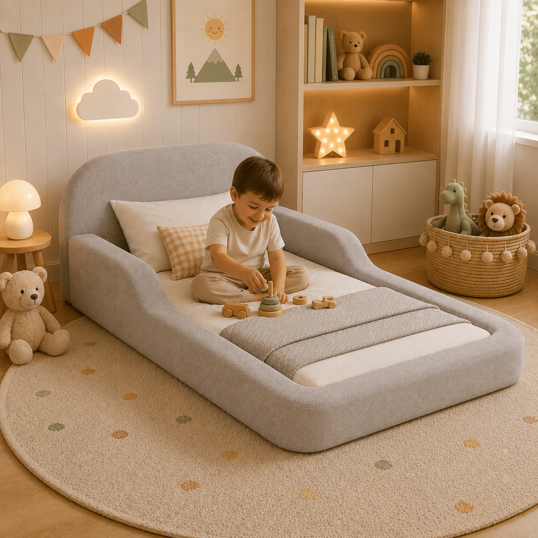 Cama Infantil de Solteiro Montessori em Espuma D28 Bouclé Cinza com Colchão