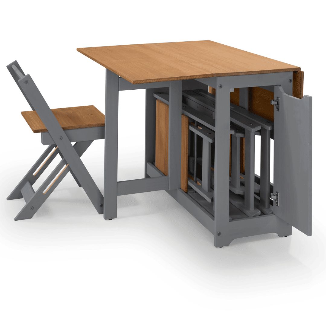 Mesa Dobrável Borboleta com 4 Cadeiras em Madeira Maciça de Pinus Cinza Cera