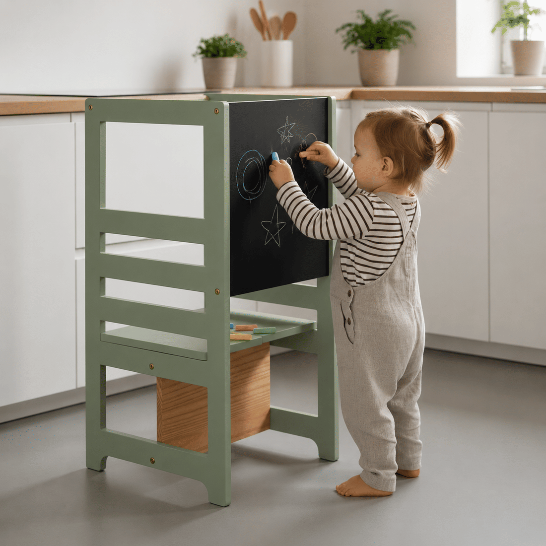 Torre de Aprendizagem Montessori 4 em 1 Verde Oliva Cadeirão Ajustável, Mesinha de Atividades, Quadro de Desenhos