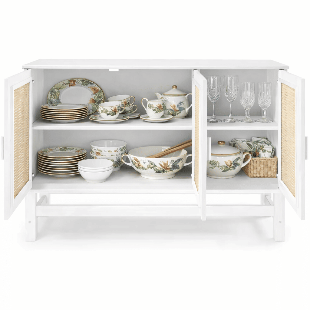 Balcão Buffet Nature em Madeira e Rattan Natural 03 Portas na Cor Branca
