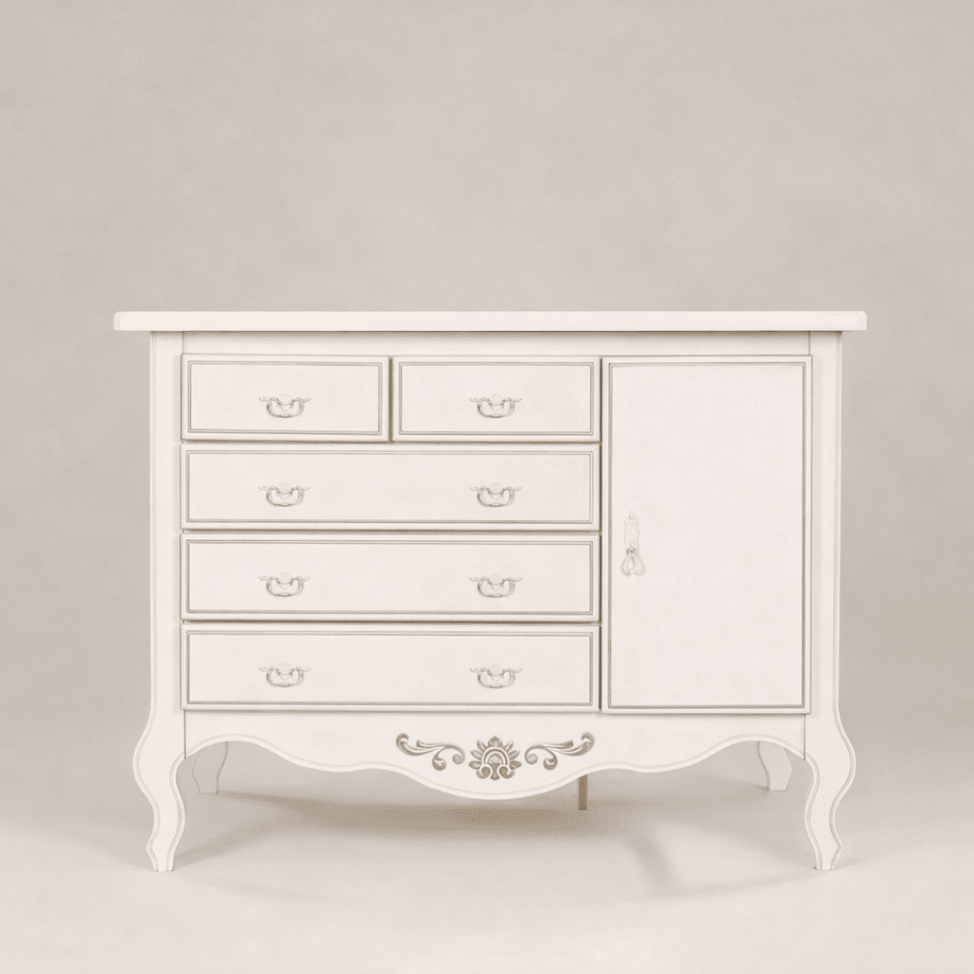 Cômoda Entalhada 5 Gavetas e 1 porta Branco Provençal com Tampo Branco