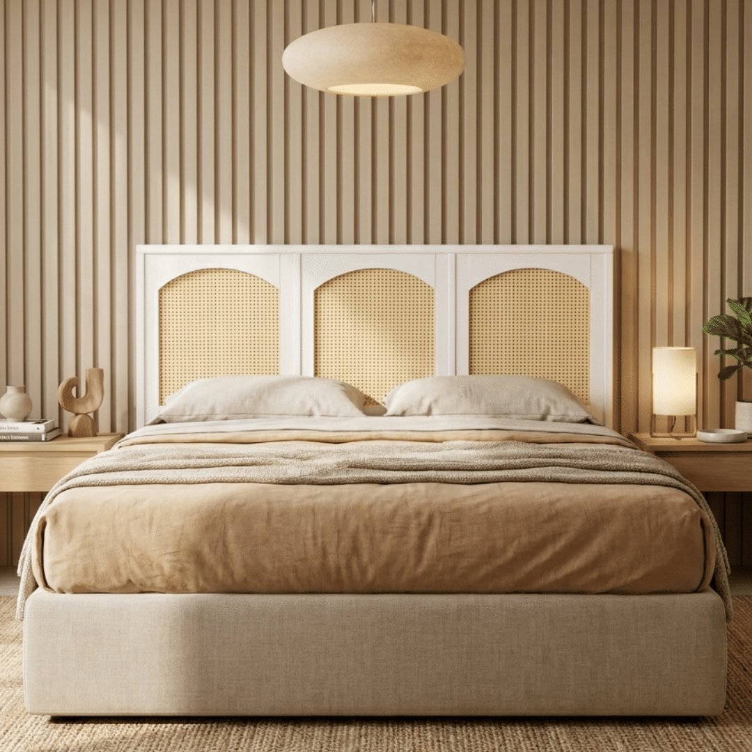 Cabeceira de Cama QUEEN 166cm Arcs Madeira e Rattan na Cor Branca Cabeceira de Cama QUEEN 166cm Arcs Madeira e Rattan na Cor Branca
