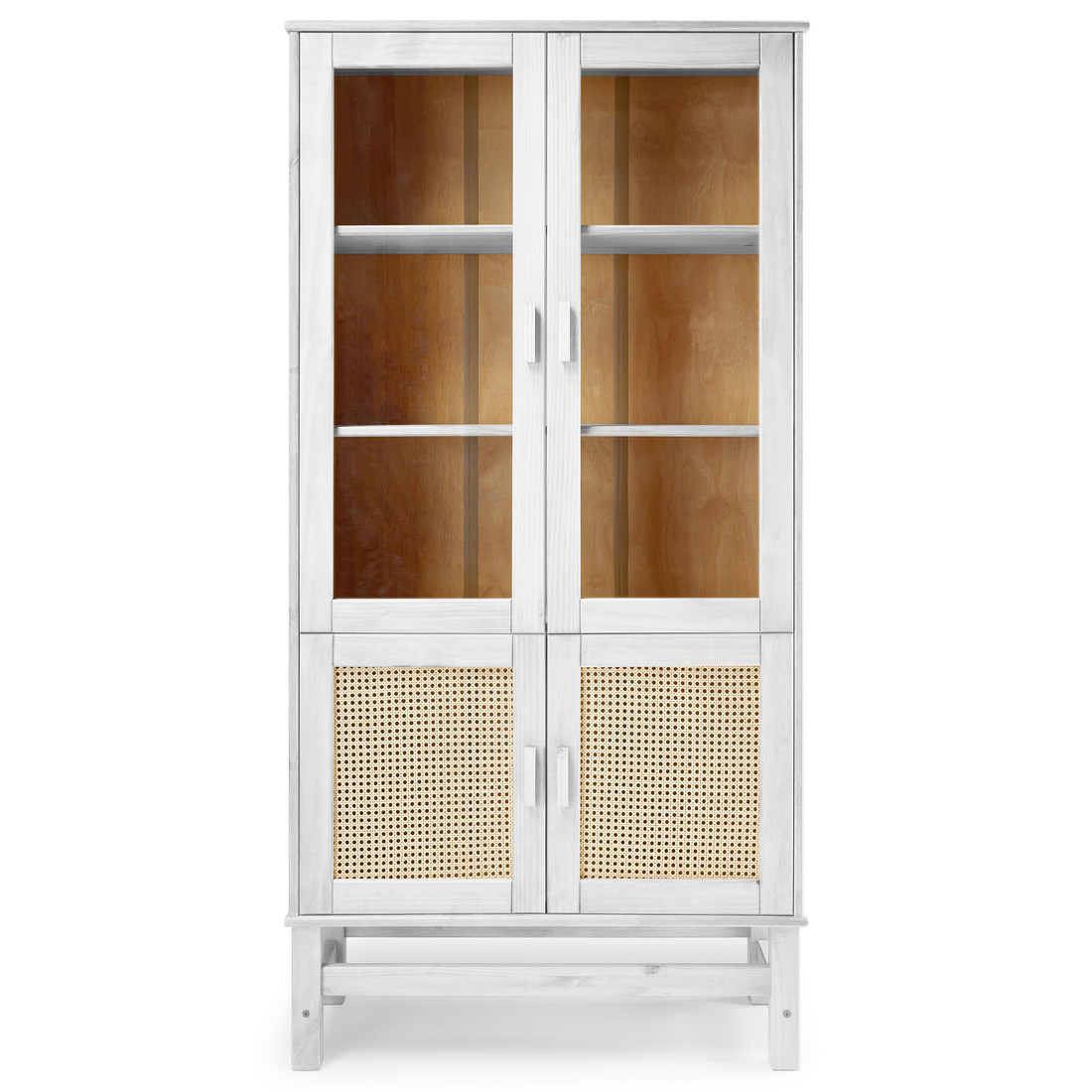 Cristaleira Nature em Madeira, Vidro e Rattan 04 Portas na Cor Branca