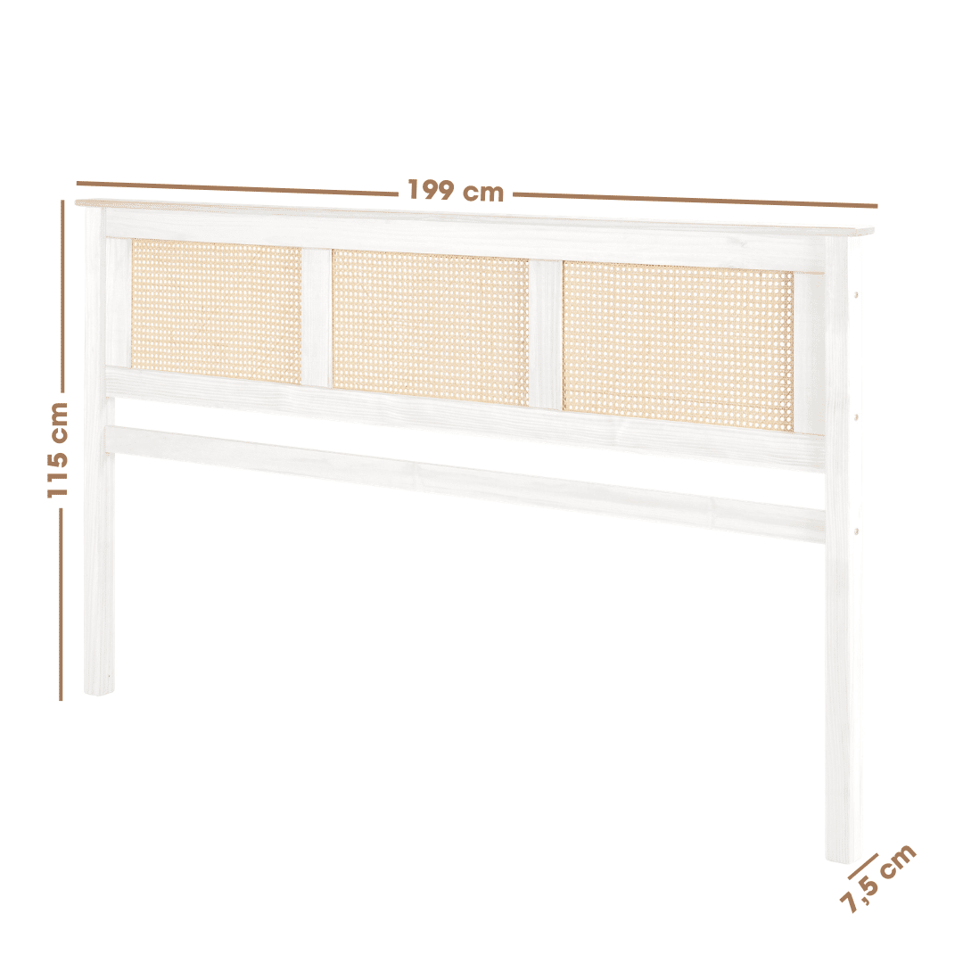 Cabeceira de Cama KING 199 cm Nature Madeira e Rattan na Cor Branca 