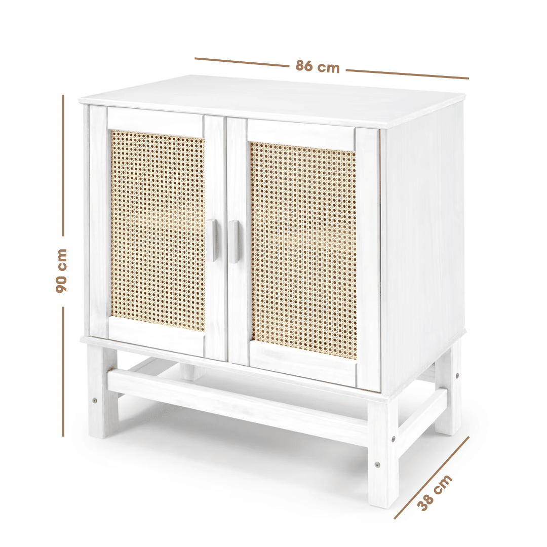Balcão Buffet Nature em Madeira e Rattan Natural 02 Portas na Cor Branca