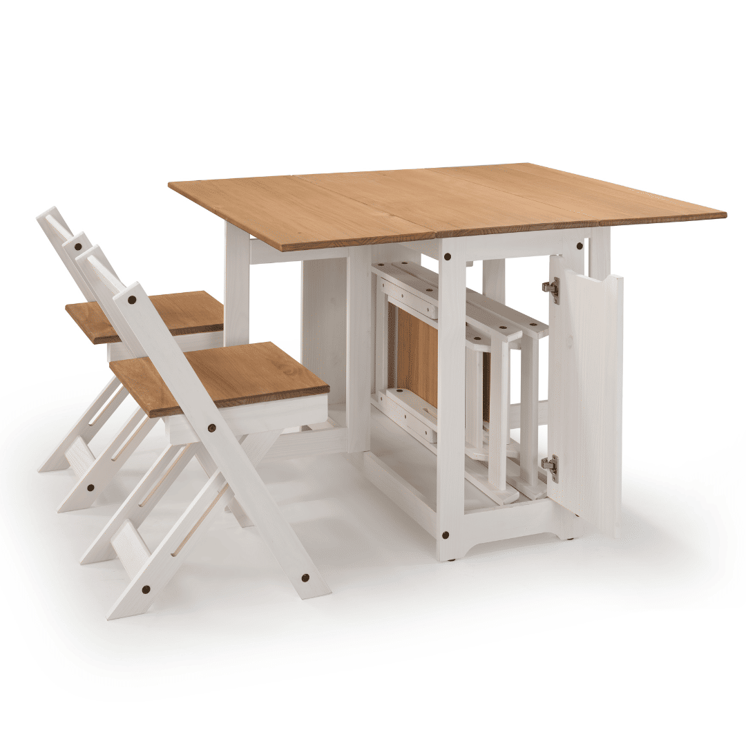 Mesa Dobrável Borboleta com 4 Cadeiras em Madeira Maciça de Pinus Branco Cera