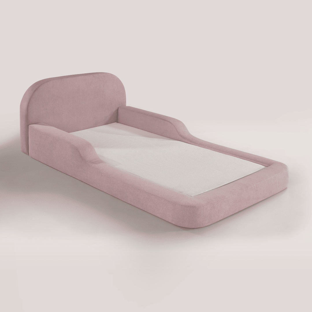 Cama Infantil de Solteiro Montessori em Espuma D28 Bouclé Rosa com Colchão Cama Infantil de Solteiro Montessori em Espuma D28 Bouclé Rosa com Colchão