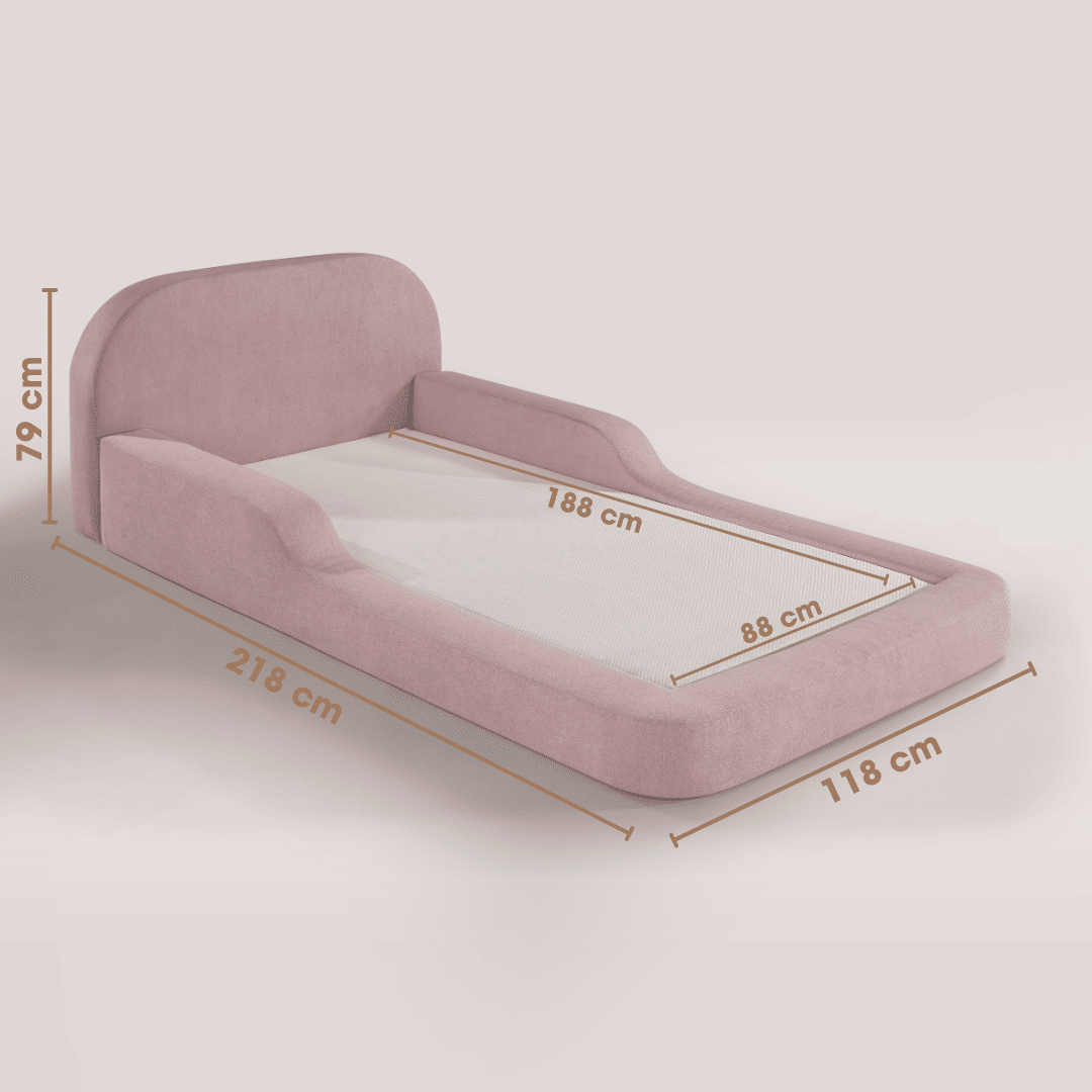 Cama Infantil de Solteiro Montessori em Espuma D28 Bouclé Rosa com Colchão Cama Infantil de Solteiro Montessori em Espuma D28 Bouclé Rosa com Colchão