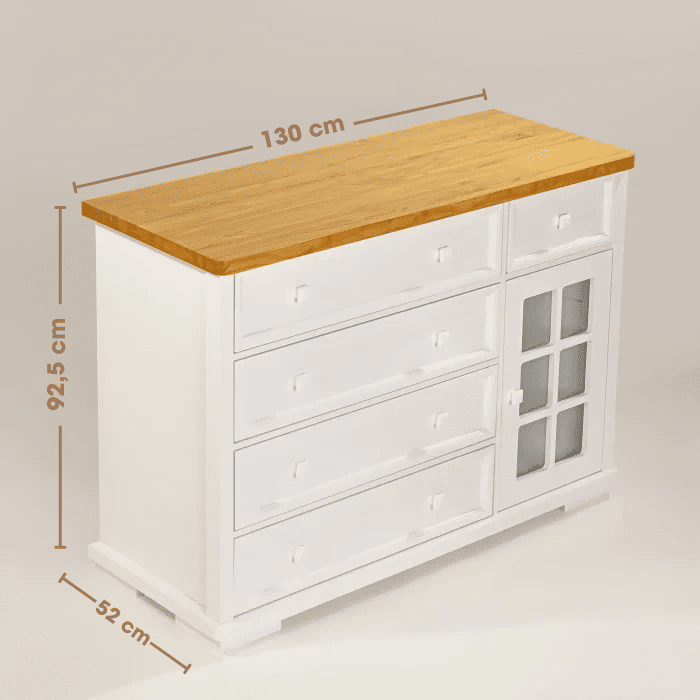 Cômoda Encanto 5 Gavetas e Porta Fechada Branca com Tampo Mel