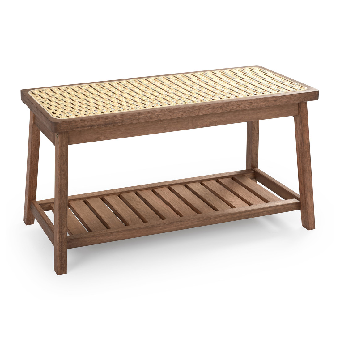 Banco Sapateira com Prateleira Ripada 90cm em Madeira Maciça e Rattan Cor Imbuia Banco Sapateira com Prateleira Ripada 90cm em Madeira Maciça e Rattan Cor Imbuia