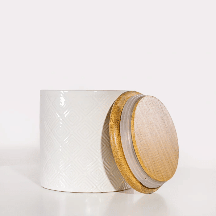 Pote Porta Algodão Cotonete Organizador Objetos Cerâmica com colchão Tampa de Bambu Kit Higiene Bebê