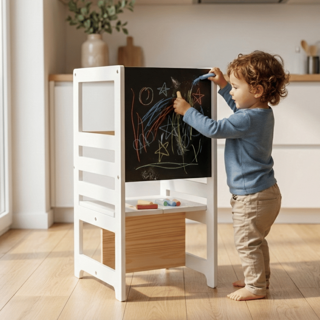 Torre de Aprendizagem Montessori 4 em 1 Branca Cadeirão Ajustável, Mesinha de Atividades, Quadro de Desenhos Torre de Aprendizagem Montessori 4 em 1 Branca Cadeirão Ajustável, Mesinha de Atividades, Quadro de Desenhos