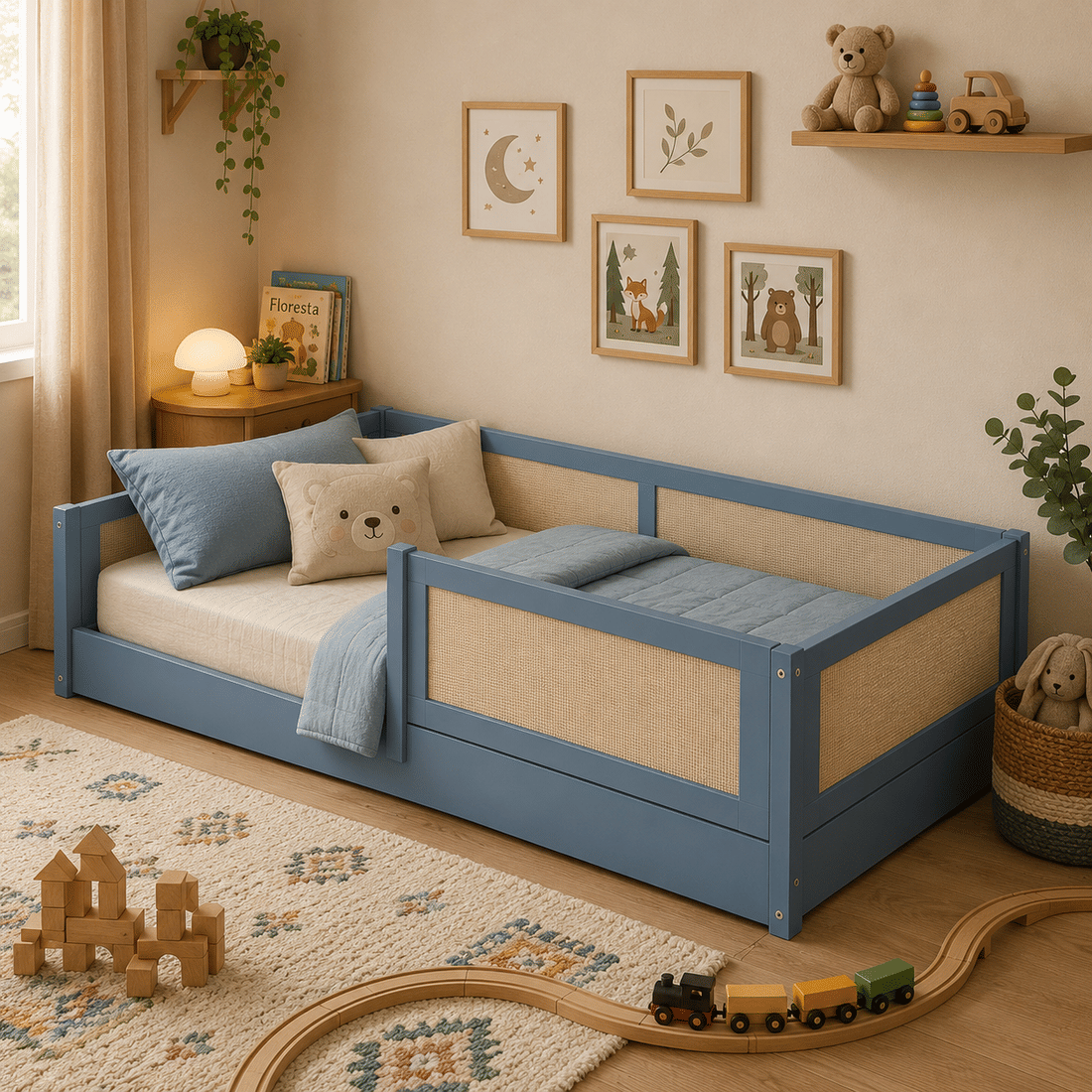 Cama Infantil de Solteiro Montessori Azul Com Rattan Cama Infantil de Solteiro Montessori Azul Com Rattan