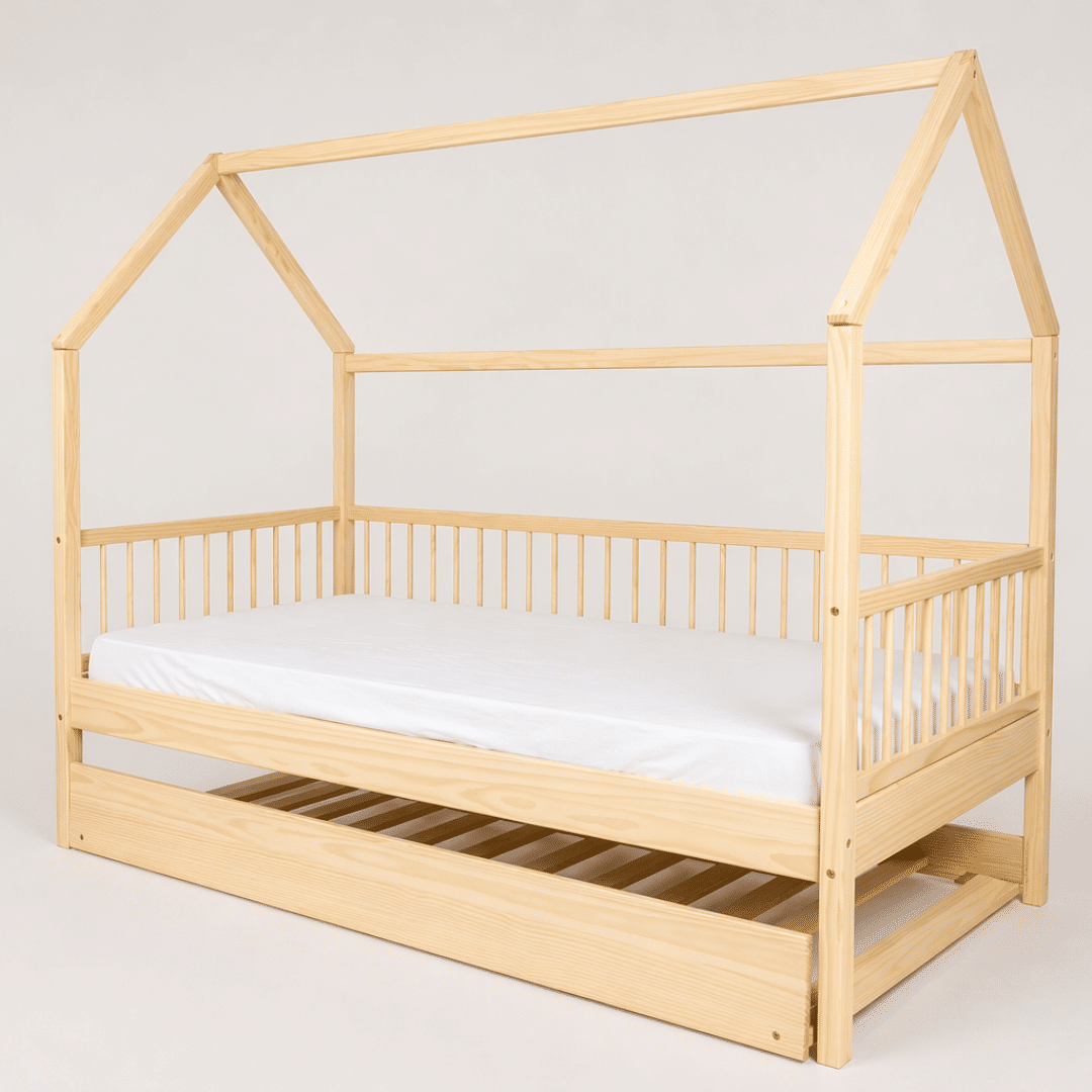 Cama Infantil Casinha Com Cama Auxiliar Bloomie em Madeira Maciça Pinus Natural Cama Infantil Casinha Com Cama Auxiliar Bloomie em Madeira Maciça Pinus Natural