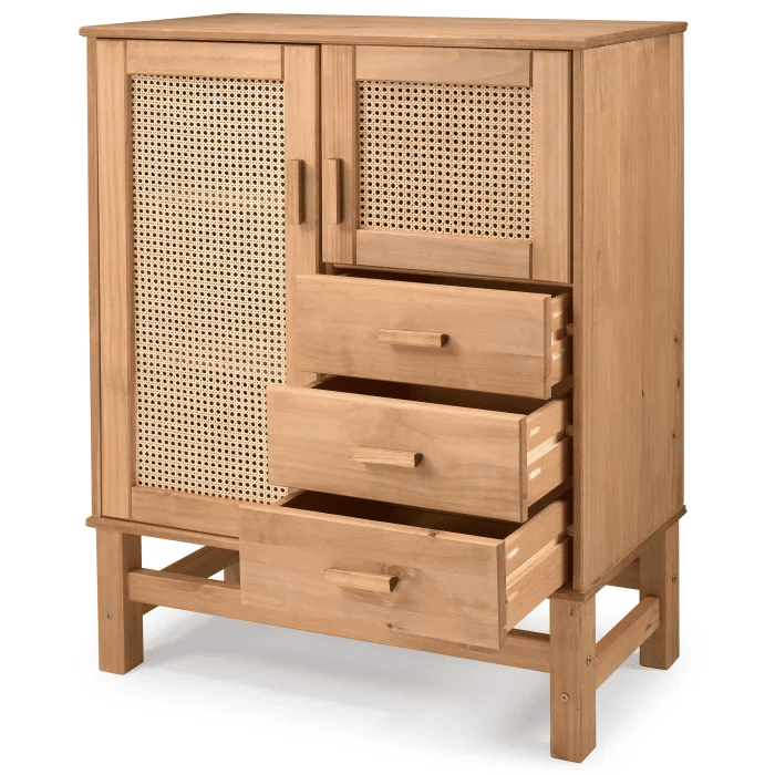 Balcão Buffet Nature Madeira e Rattan 02 portas e 03 gavetas