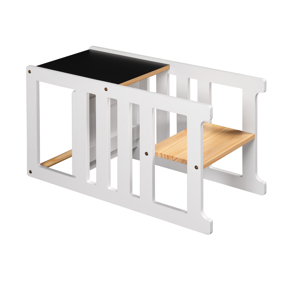 Torre de Aprendizagem Montessori 4 em 1 Branca Cadeirão Ajustável, Mesinha de Atividades, Quadro de Desenhos