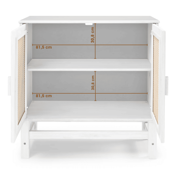 Balcão Buffet Nature em Madeira e Rattan Natural 02 Portas na Cor Branca