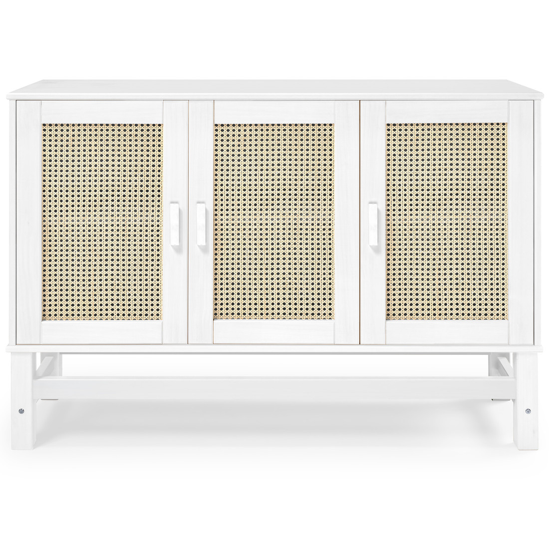 Balcão Buffet Nature em Madeira e Rattan Natural 03 Portas na Cor Branca