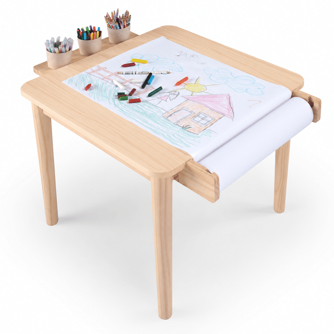Mesa Infantil Quadrada de Madeira Maciça 61cm Natural com Porta-Lápis e Suporte para Papel