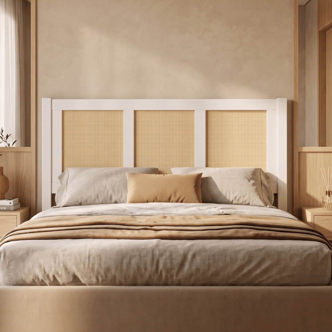 Cabeceira de Cama QUEEN 160cm Paglia Madeira e Rattan na Cor Branca Cabeceira de Cama QUEEN 160cm Paglia Madeira e Rattan na Cor Branca