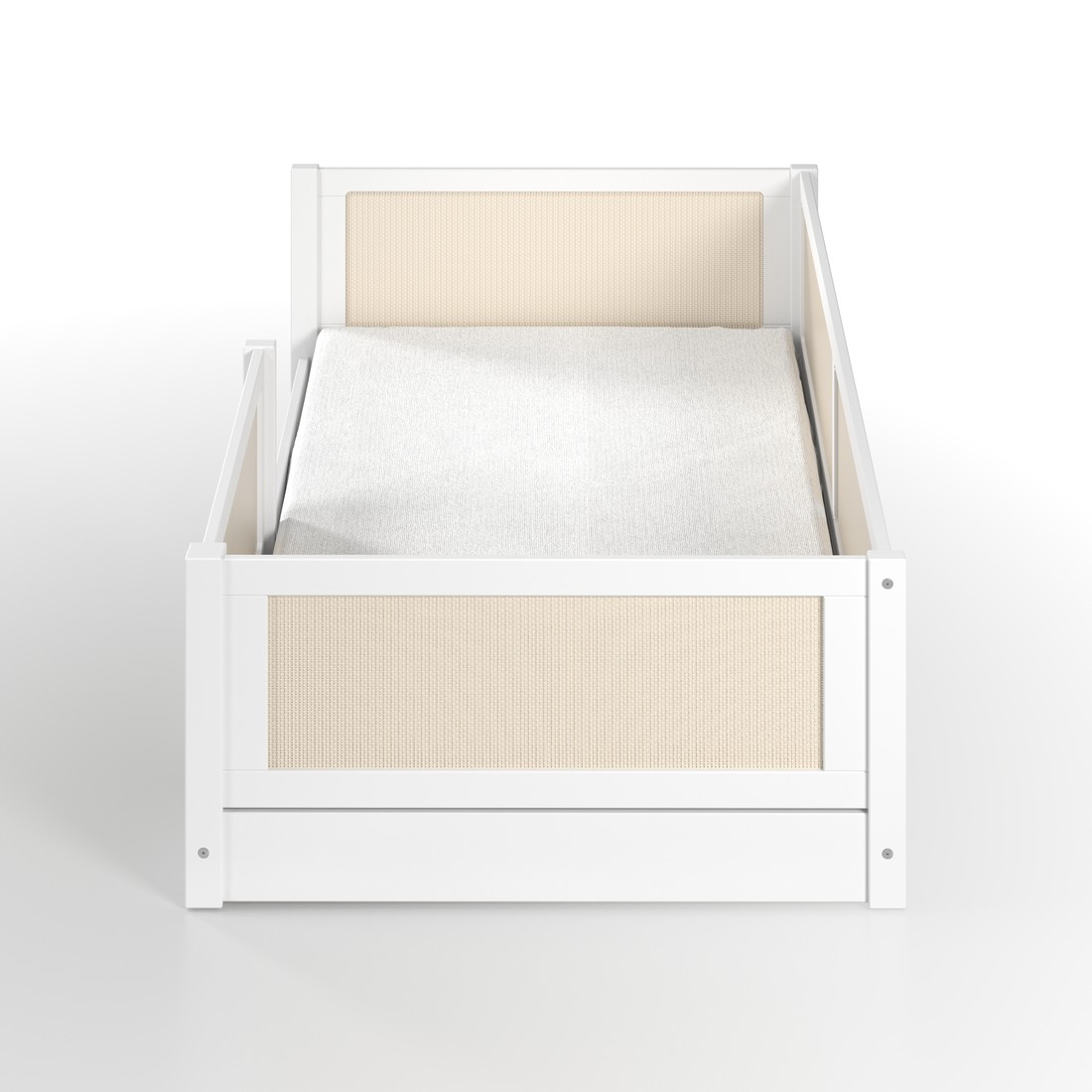 Cama Infantil de Solteiro Montessori em Madeira Maciça Pinus Branca Com Rattan Cama Infantil de Solteiro Montessori em Madeira Maciça Pinus Branca Com Rattan