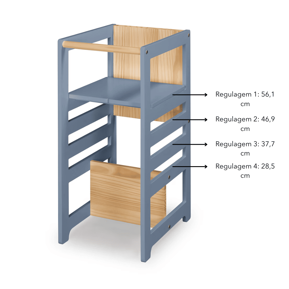 Torre de Aprendizagem Montessori 4 em 1 Azul Cadeirão Ajustável, Mesinha de Atividades, Quadro de Desenhos