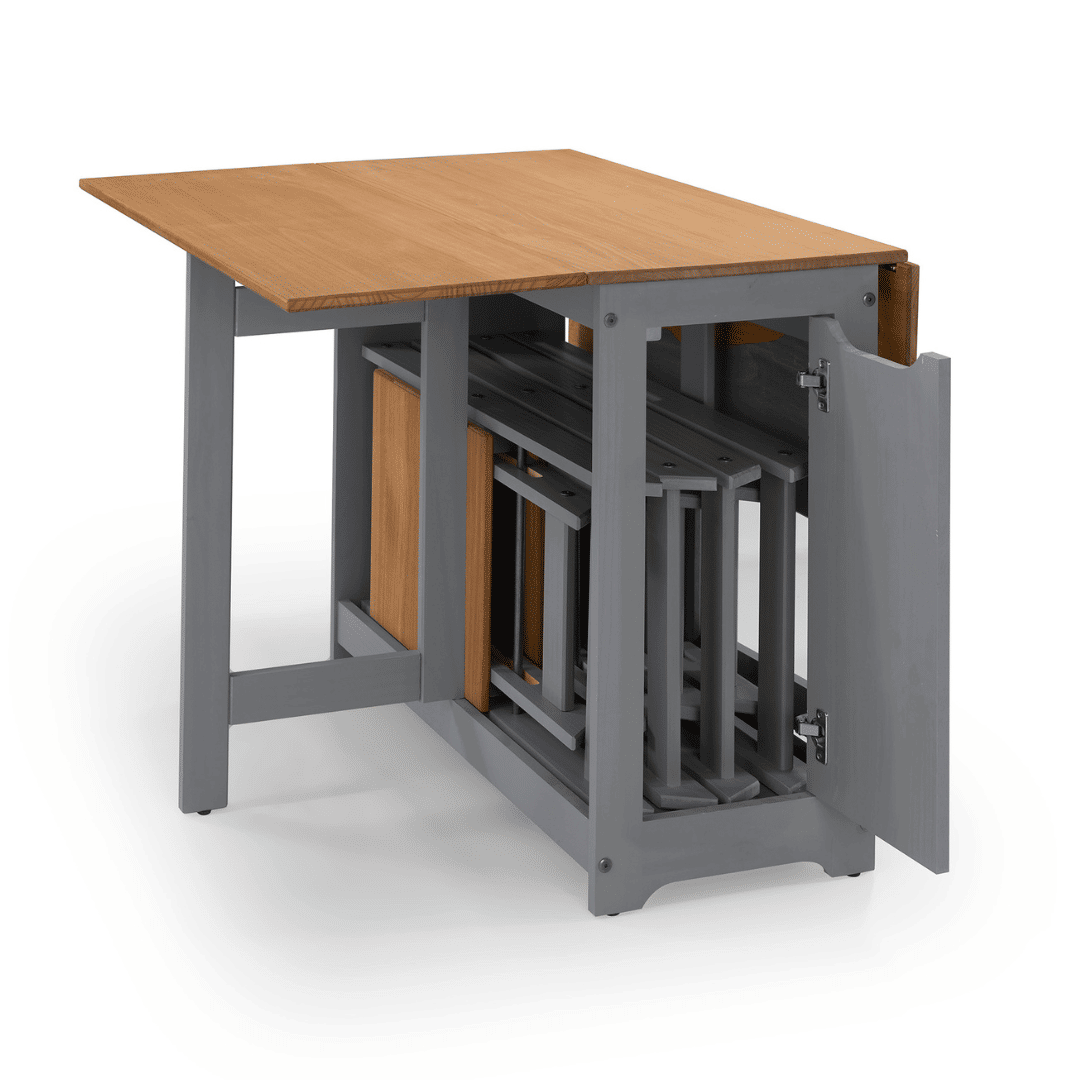 Mesa Dobrável Borboleta com 4 Cadeiras em Madeira Maciça de Pinus Cinza Cera