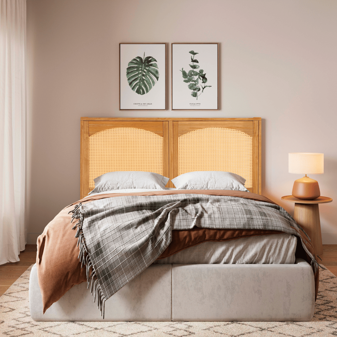 Cabeceira de Cama CASAL 146cm Arcs Madeira e Rattan na Cor Mel Cabeceira de Cama CASAL 146cm Arcs Madeira e Rattan na Cor Mel