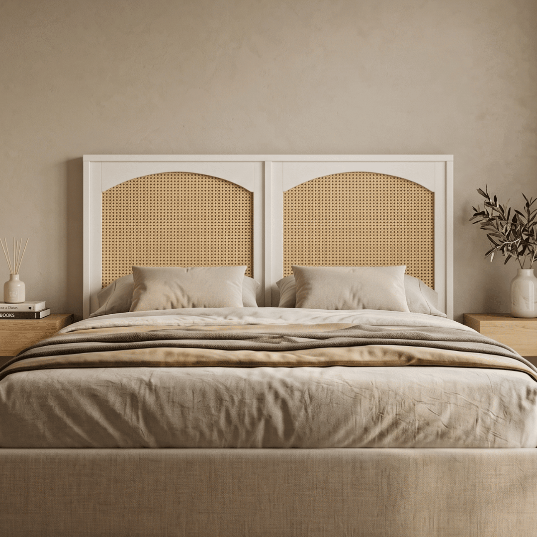 Cabeceira de Cama CASAL 146cm Arcs Madeira e Rattan na Cor Branca Cabeceira de Cama CASAL 146cm Arcs Madeira e Rattan na Cor Branca