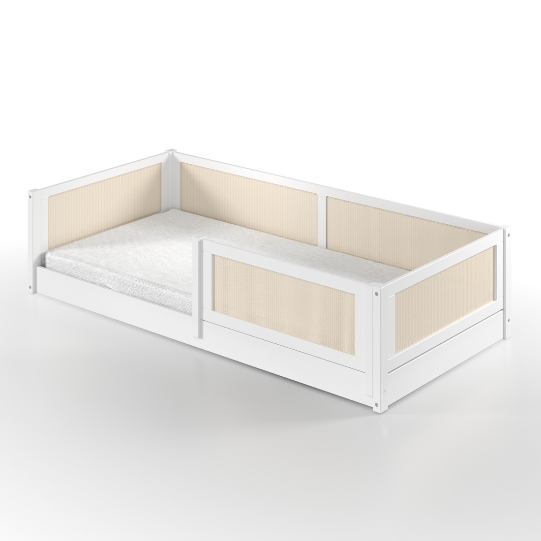 Cama Infantil de Solteiro Montessori em Madeira Maciça Pinus Branca Com Rattan Cama Infantil de Solteiro Montessori em Madeira Maciça Pinus Branca Com Rattan