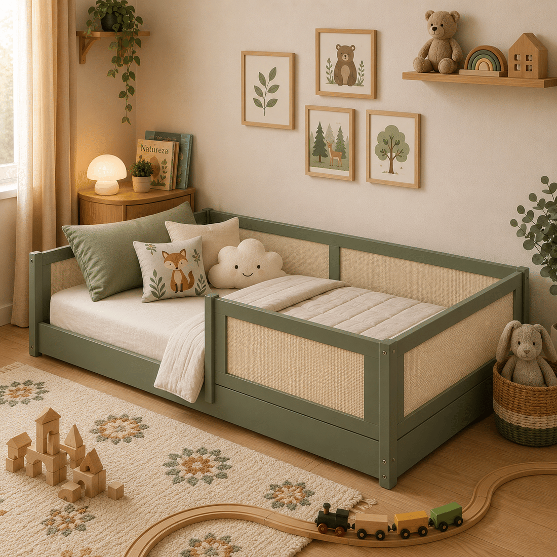 Cama Infantil de Solteiro Montessori Verde Oliva Com Rattan