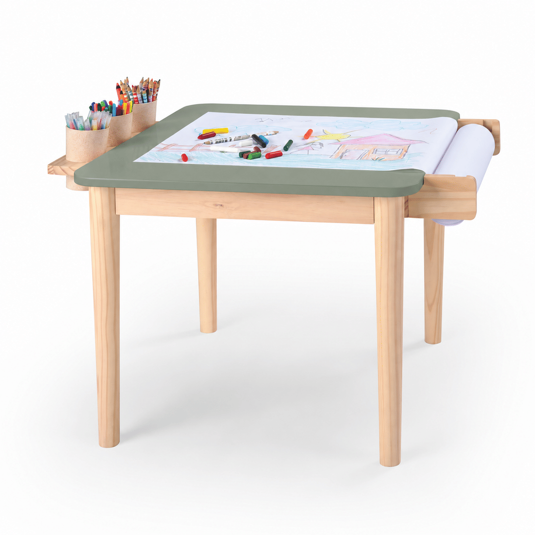Mesa Infantil Quadrada de Madeira Maciça 61cm Verde Oliva com Porta-Lápis e Suporte para Papel Mesa Infantil Quadrada de Madeira Maciça 61cm Verde Oliva com Porta-Lápis e Suporte para Papel