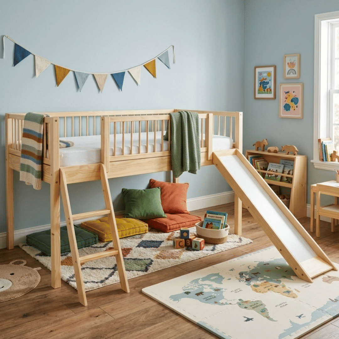 Cama Infantil de Solteiro Com Escorregador Bloomie em Madeira Maciça Pinus Natural Cama Infantil de Solteiro Com Escorregador Bloomie em Madeira Maciça Pinus Natural