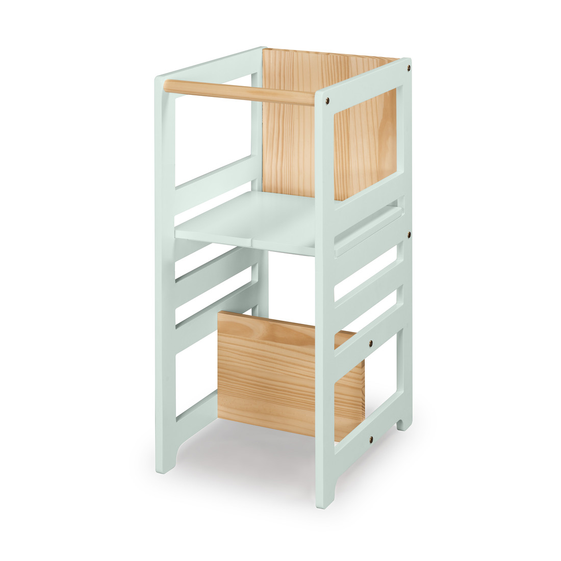 Torre de Aprendizagem Montessori 4 em 1 Verde Cadeirão Ajustável, Mesinha de Atividades, Quadro de Desenhos