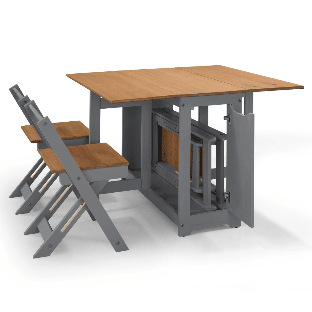 Mesa Dobrável Borboleta com 4 Cadeiras em Madeira Maciça de Pinus Cinza Cera