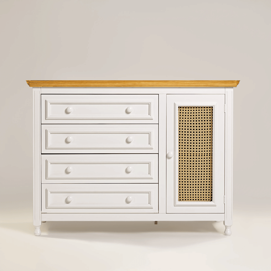 Cômoda Feliz 4 Gavetas Porta com Tela Trançada Cor Branca com Palha e Tampo Mel Cômoda Feliz 4 Gavetas Porta com Tela Trançada Cor Branca com Palha e Tampo Mel