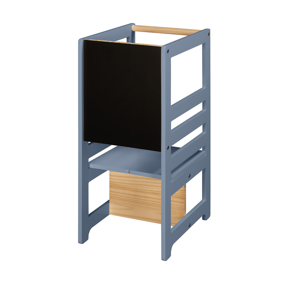 Torre de Aprendizagem Montessori 4 em 1 Azul Cadeirão Ajustável, Mesinha de Atividades, Quadro de Desenhos