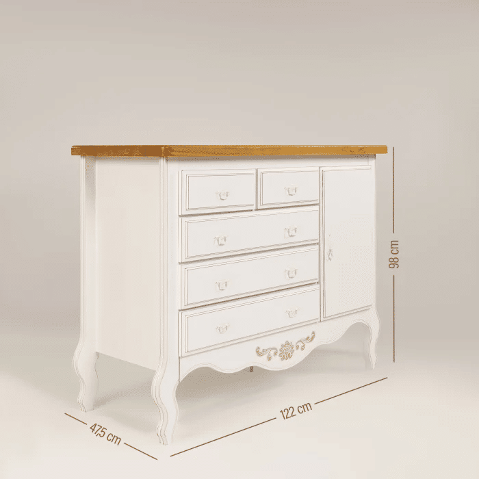 Cômoda Entalhada 5 Gavetas e 1 porta Branco Provençal com Tampo Mel