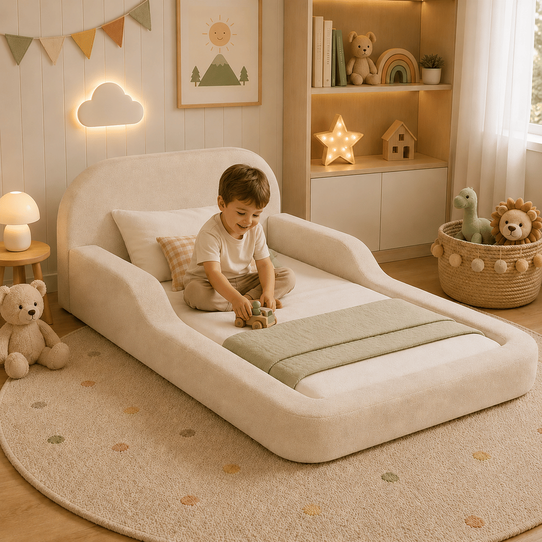 Cama Infantil de Solteiro Montessori em Espuma D28 Bouclé Bege com Colchão