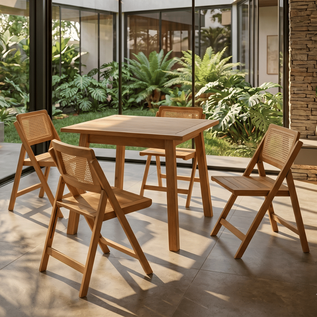 Conjunto de Mesa Quadrada com 4 Cadeiras em Madeira de Eucalipto com Encosto em Rattan Natural na Cor Pitanga Conjunto de Mesa Quadrada com 4 Cadeiras em Madeira de Eucalipto com Encosto em Rattan Natural na Cor Pitanga
