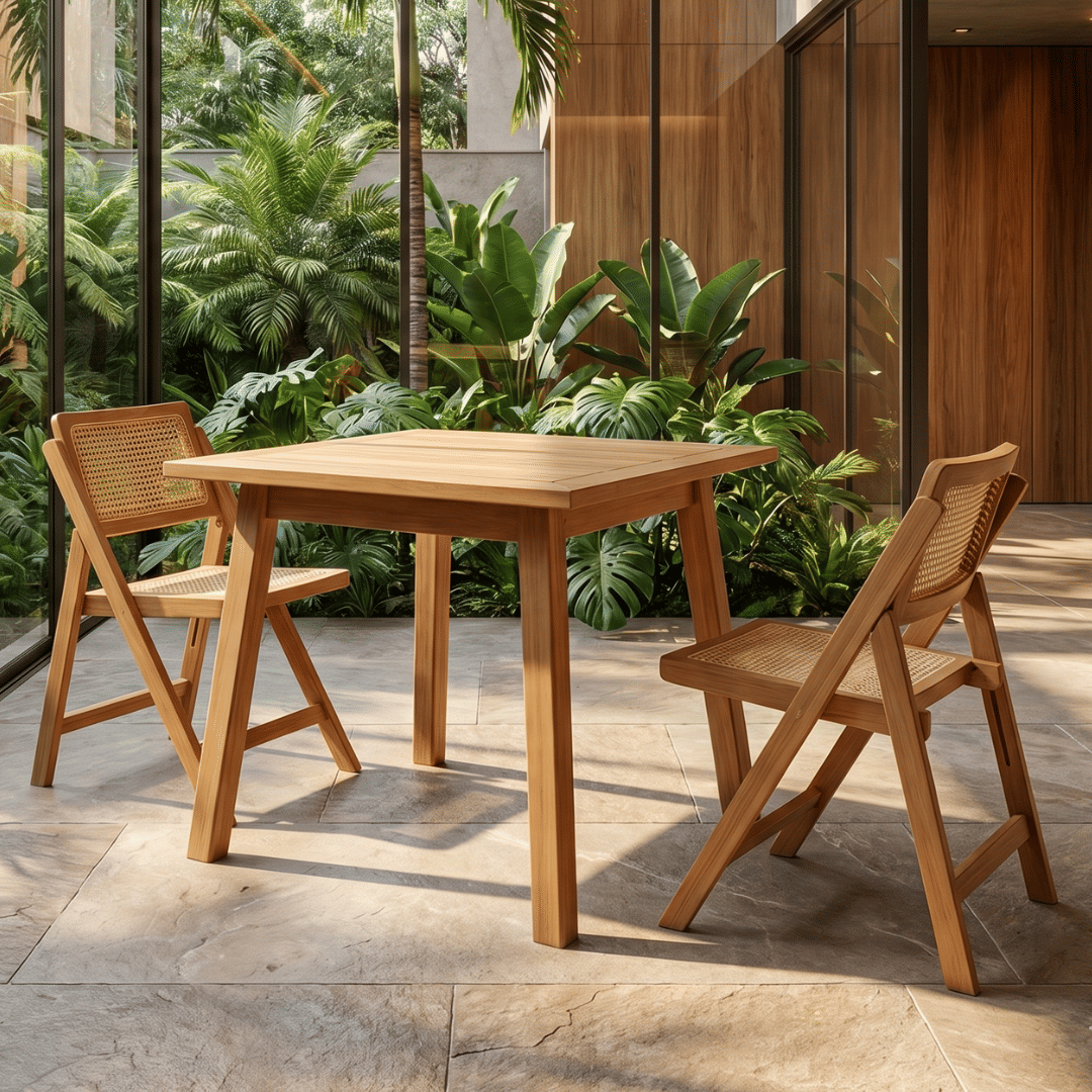 Conjunto de Mesa Quadrada com 2 Cadeiras em Madeira de Eucalipto com Assento e Encosto em Rattan Natural na Cor Pitanga Conjunto de Mesa Quadrada com 2 Cadeiras em Madeira de Eucalipto com Assento e Encosto em Rattan Natural na Cor Pitanga