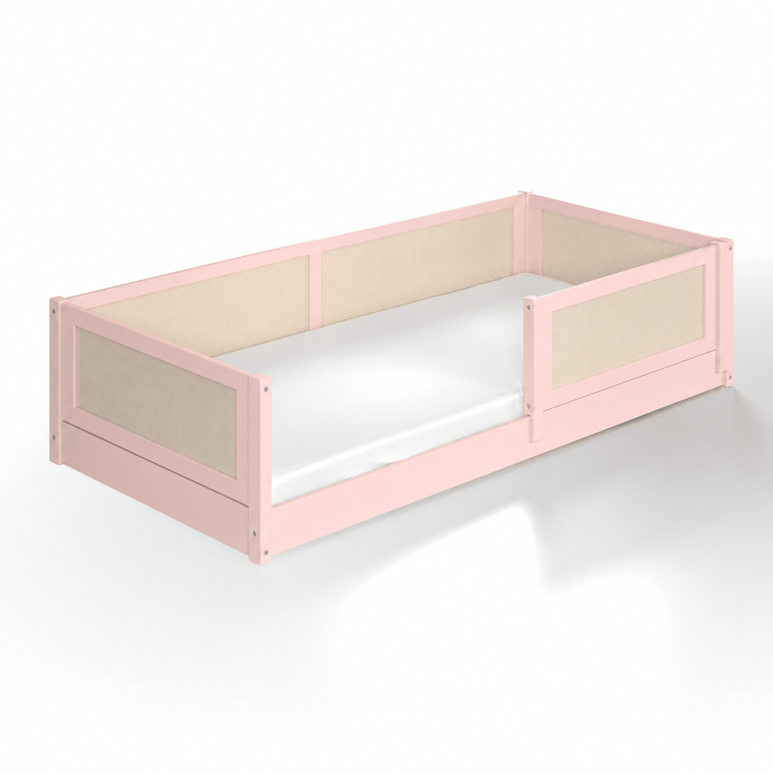 Cama Infantil de Solteiro Montessori Rosa Com Rattan