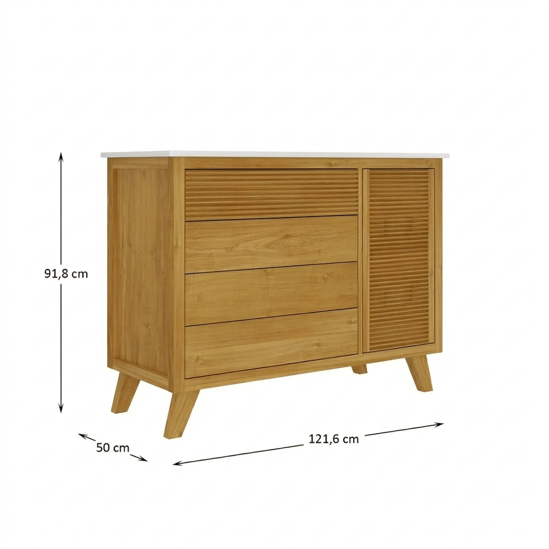 Cômoda Zig 4 Gavetas e 1 Porta de Madeira Maciça Mel com Tampo Branco Cômoda Zig 4 Gavetas e 1 Porta de Madeira Maciça Mel com Tampo Branco