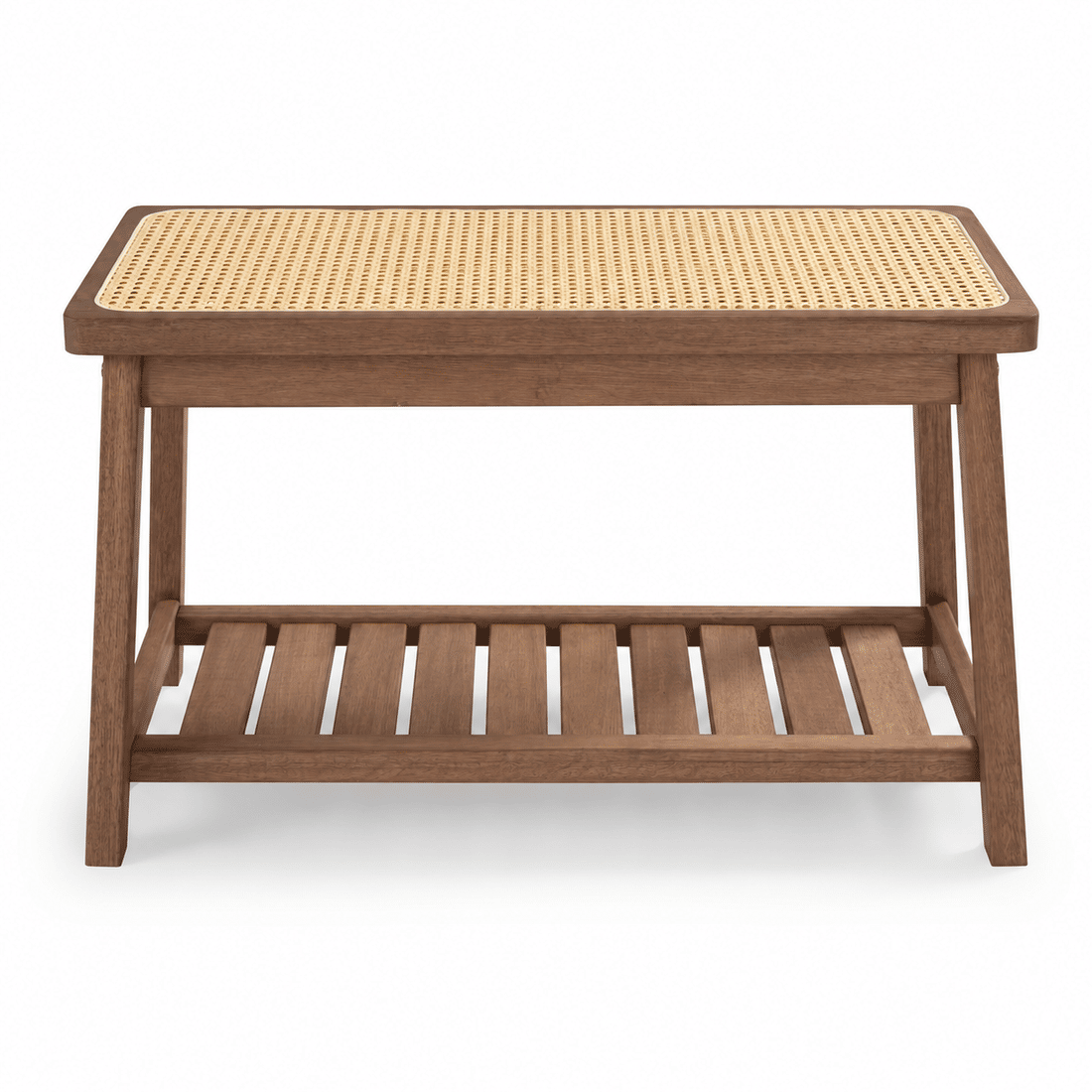Banco Sapateira com Prateleira Ripada 75cm em Madeira Maciça e Rattan Cor Imbuia Banco Sapateira com Prateleira Ripada 75cm em Madeira Maciça e Rattan Cor Imbuia