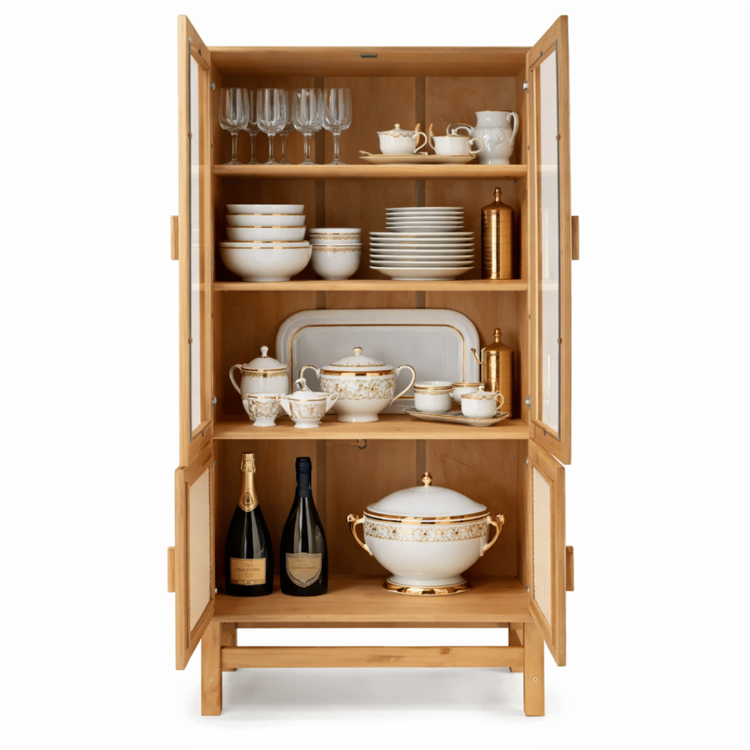 Cristaleira Nature em Madeira, Vidro e Rattan 04 Portas Cristaleira Nature em Madeira, Vidro e Rattan 04 Portas