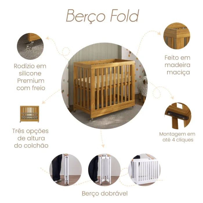 Mini Berço Dobrável Fold de Madeira na Cor Mel