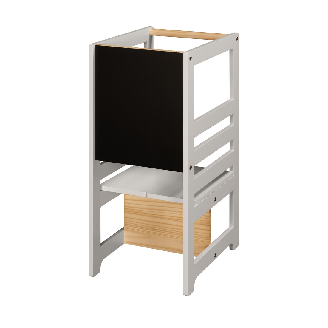 Torre de Aprendizagem Montessori 4 em 1 Cinza Cadeirão Ajustável, Mesinha de Atividades, Quadro de Desenhos