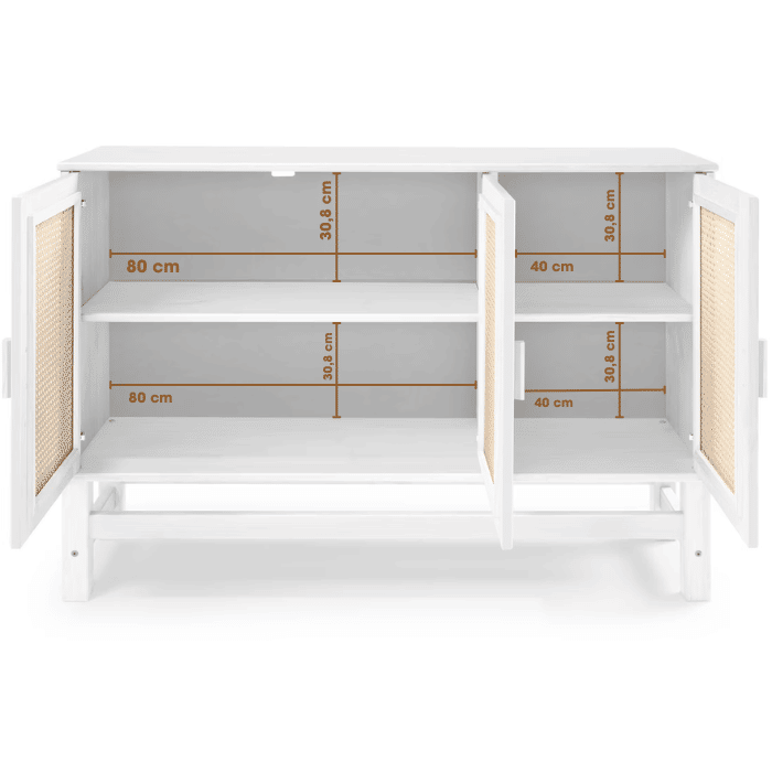 Balcão Buffet Nature em Madeira e Rattan Natural 03 Portas na Cor Branca