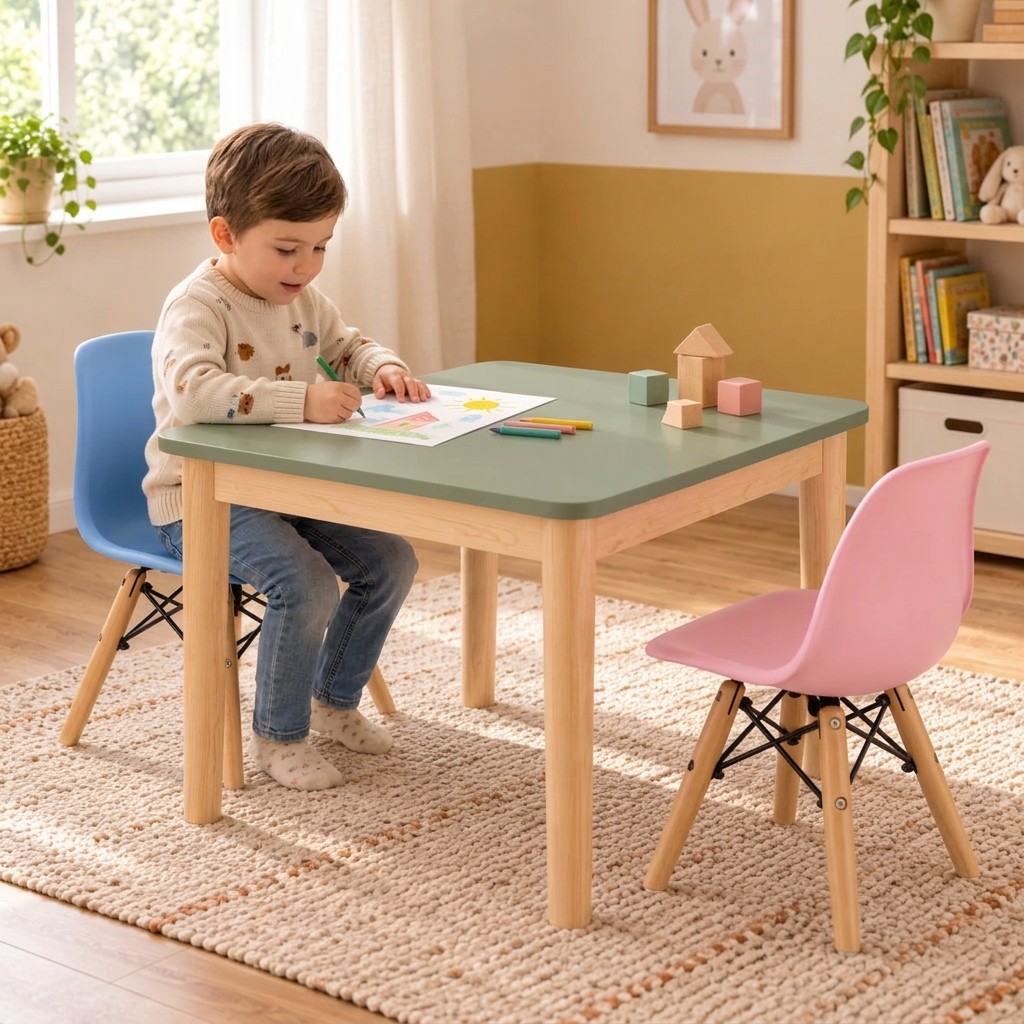 Mesa Infantil Quadrada de Madeira Maciça 61cm Verde Oliva Mesa Infantil Quadrada de Madeira Maciça 61cm Verde Oliva